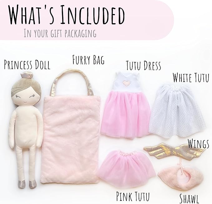 Perfectto Design Ballerina Princess Doll Stuffed Animal for Girls Toy Set - Bag, Tutu, Wings Play for 3 4 5 Year Old Girl Gift for Little Girl, Birthday, Christmas Age 3-9