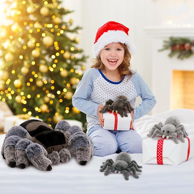 MorisMos 4Pcs Large Spider Plush, 16inch Mommy Spider Stuffed Animal with 3 Babies, Realistic Plush Toys, Soft Cuddly Gifts for Kids