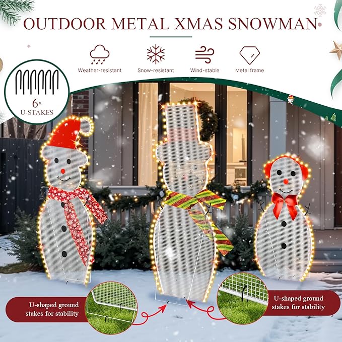 3-Piece Lighted Snowman Christmas Decorations Outdoor Yard Snow Man Family with 180 LED Lights, Snowman Yard Decorations, Christmas Yard Decorations for Outdoor Lighted Holiday Lawn Garden Porch