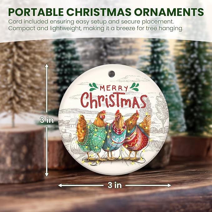 OASSIE Chicken Ornaments for Christmas Tree - Ceramic Christmas Ornaments 2025 - Chicken Ornaments for Xmas Tree, Rustic Home Decor, Rooster Gifts for Women Men Family Friends