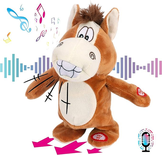 Hopearl Talking Singing Donkey Repeats What You Say Walking Electric Interactive Animated Toy Speaking Plush Buddy Gifts for Toddlers, 8''