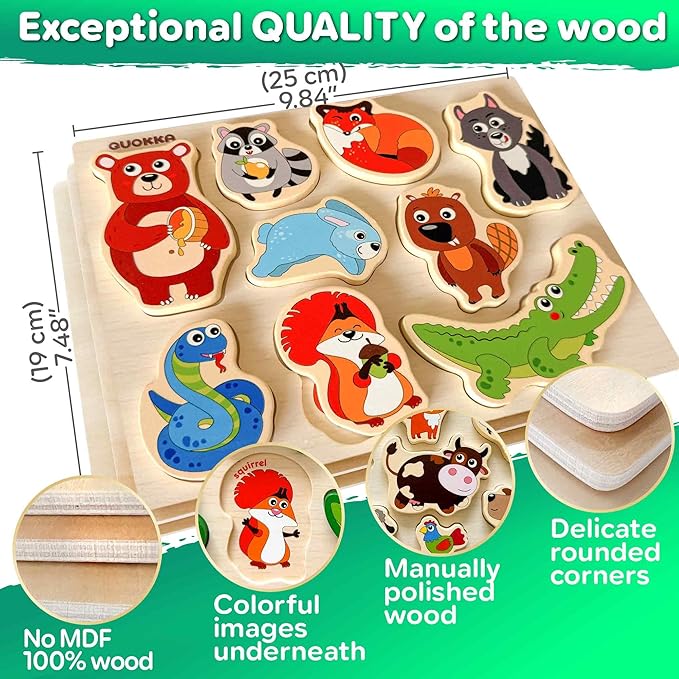 QUOKKA Wooden Puzzles for Toddlers 2-4 – Chunky Matching Puzzles Set –Toddler Montessori Animal Toys with Jumbo Animals Toddler Puzzles Ages 1-3 I FSC Certified Wood