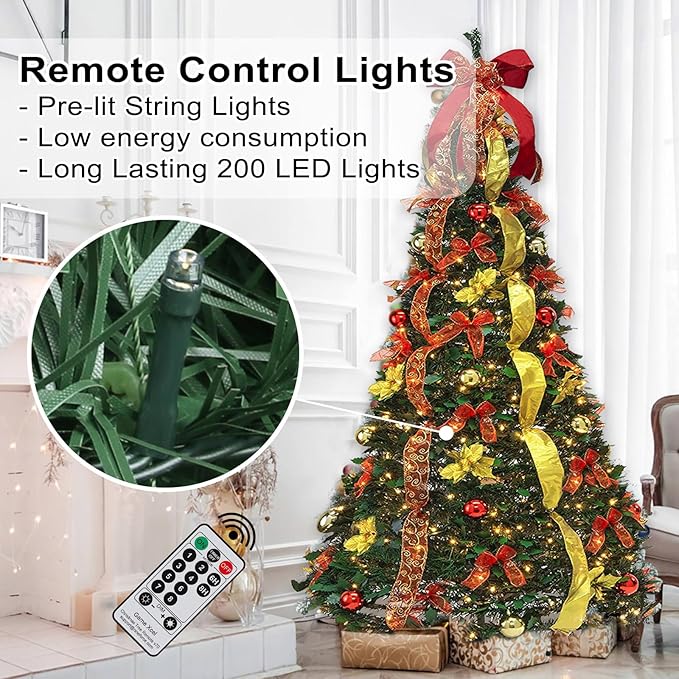 6.5FT Pop Up Christmas Tree with Lights and Decorations & Remote & Timer, Prelit Fully Decorated Pull Up Artificial Christmas Tree with Christmas Ball Ornaments Bows Ribbons for Christmas Party Decor