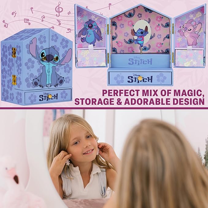 Get Trend Disney Stitch Musical Jewelry Box for Girls with Mirror, Drawers, and Wind Up Music, Jewelry Organizer for Rings, Charms, Gifts for Girls (Blue Stitch)
