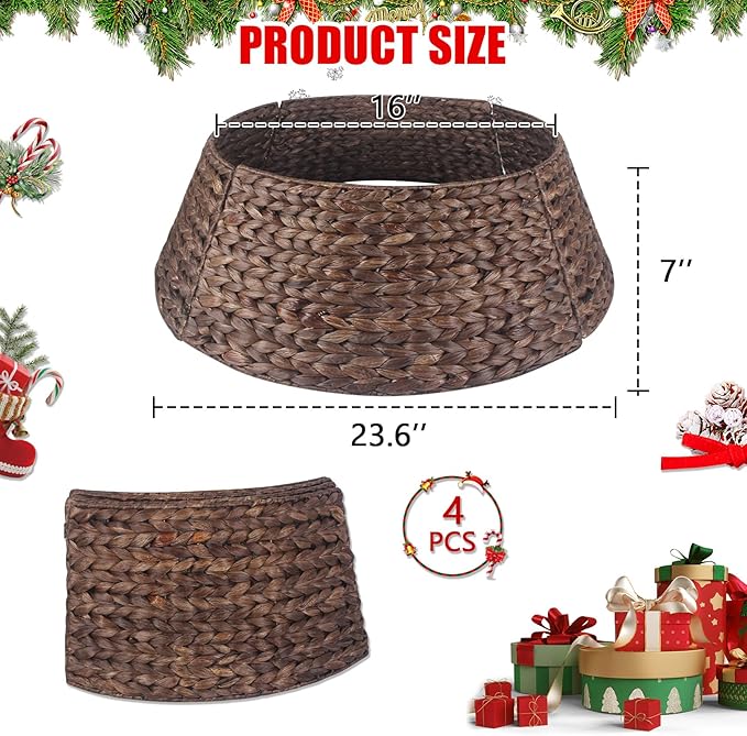 Christmas Tree Collar 24'' D Handmade Hyacinth Tree Collar Basket Rattan Wicker Christmas Woven Tree Ring Stand Base Cover for Christmas Holiday Decoration-Round Brown