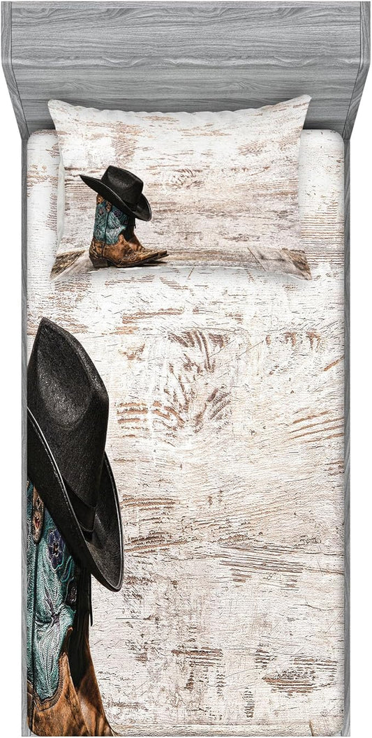 Ambesonne Western Fitted Sheet & Pillow Sham Set, Traditional Rodeo Cowboy Hat and Cowgirl Boots Retro Grunge Background Art Photo, Decorative Printed 2 Piece Bedding Decor Set, Twin, Black Brown