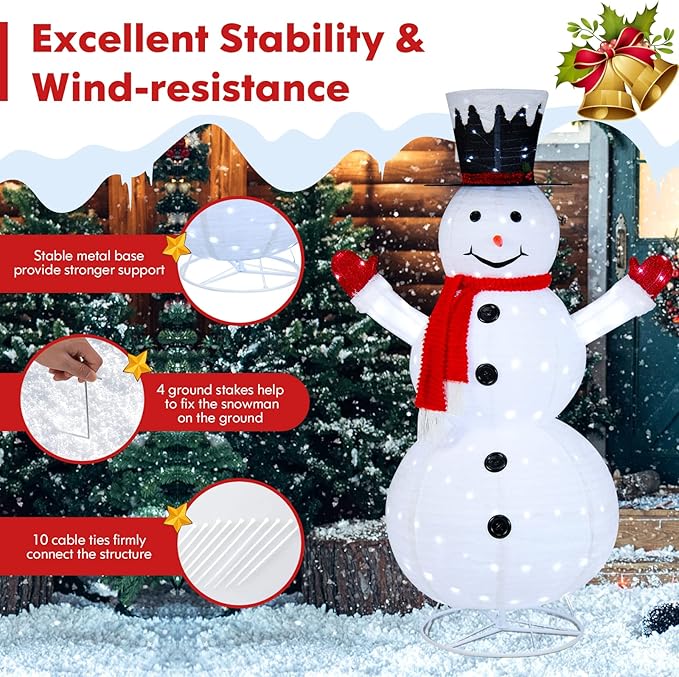 Tangkula 6 FT Lighted Christmas Snowman, Outdoor Pop-up Snowman Figure w/200 Lights, Red Scarf, Black Hat, Ground Stakes, Zip Ties, Collapsible Faux Light up Snowman for Party, Festival Decor