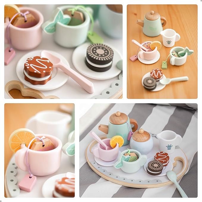 UMU® Wooden Tea Set for Kids – Pretend Play Tea Party Toy with Colorful Cups, Tea Bags, Lemon Slices & More – Montessori Role Play Toy for Ages 3 4 5 6