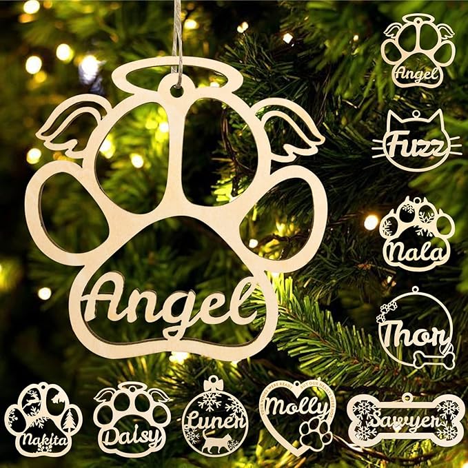 Personalized Dog Cat Paw Ornament Christmas, Custom Pet's Name Ornament, Customized Wooden Dog Paw Wings Ornaments for Christmas Tree