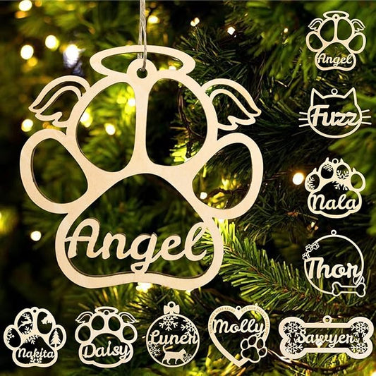 Personalized Dog Cat Paw Ornament Christmas, Custom Pet's Name Ornament, Customized Wooden Dog Paw Wings Ornaments for Christmas Tree