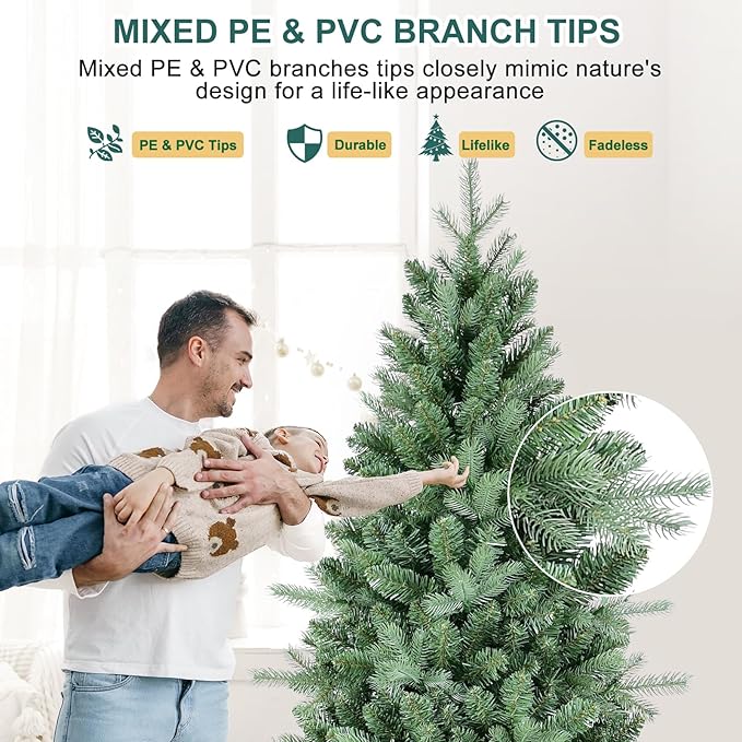 7 FT Artificial Skinny Christmas Tree,Unlit Blue Spruce Slim Pencil Xmas Tree with 1552 PE&PVC Mixed Branch Tips,Hinged Pine Tree with Metal Stand for Home Office Décor