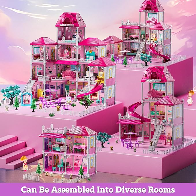 4-Storey House for Girls Ages 3-7, Villa Playset with 2 Dolls and 12 Room, Furniture and Accessories, Pretend Indoor Playset Toddler Toys, Birthday Girls Toys for Ages 4-8 6-8