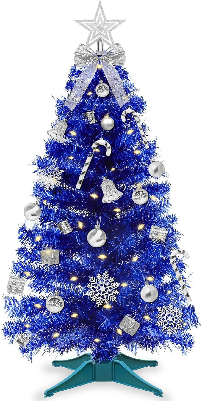 3 Ft Small Christmas Tree Hanukkah Decor with Timer Remote, 8 Modes 50 Warm White&Colorful Change Lights, 3D Star&44 Ornaments, Battery Operated, Mini Christmas Tree Table Indoor Holiday Party Decor