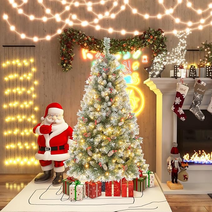 Goplus 5ft Pre-Lit Christmas Tree, Artificial Hinged Xmas Tree with 200 Warm-White LED Lights, 8 Lighting Modes, 450 Branch Tips, Red Berries & Pinecones, for Holiday Party Office Home Decor