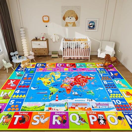 World Map ABC Kid Rug for Playroom Geography 59"×39.4" Classroom Play Rug Educational Baby Playmat Alphabet Rug Primary School Fluffy Ployester Non-Slip Preschool Rug Nursery Room Elementary Learning