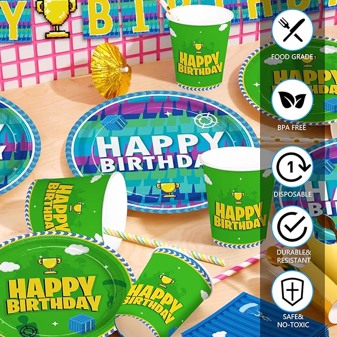 194pcs Video Game Birthday Party Decorations Party Plates Napkins Disposable Paper Cups Straws Banner Tablecloth Video Game Party Supplies Tableware Set for Kids Boys Birthday Decor 24 Guests