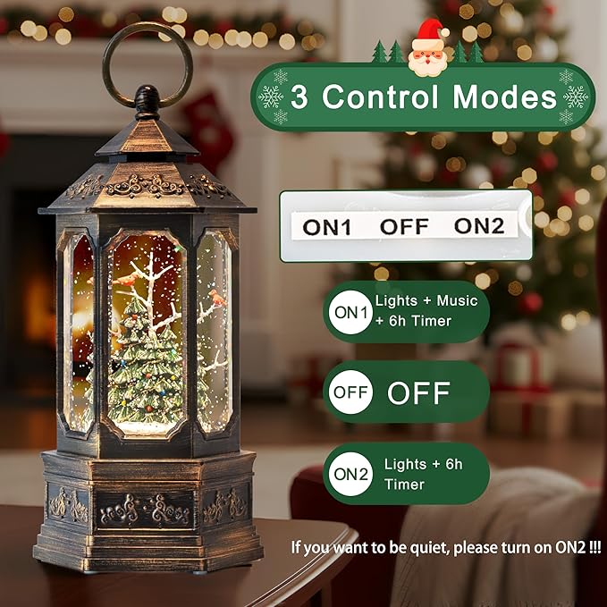 12 "Christmas Snow Globe Lantern, Glitter hex Music Box, USB and Battery-Powered Decorations (Cardinals in The Deep Woods)