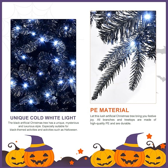 4FT PreLit Black Christmas Tree with 150 Lights, Artificial Fake Christmas Tree with 666 PE&PVC Branch Tips, Halloween and Xmas Tree for Holiday Decorations, Metal Stand and Hinged Branches