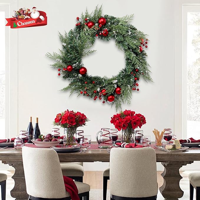 20" Large Christmas Wreath with LED Lights Winter Wreaths for Front Door or Wall Powered by 3AA Batteries for Indoor Outdoor Party Holiday Decorations