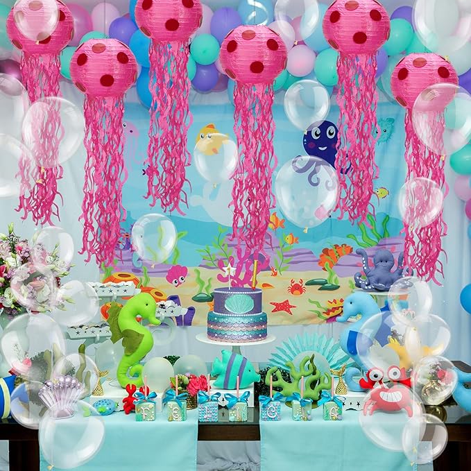 6 Set Sponge Party Hanging Jellyfish Decorations 8 Inch Jellyfish Paper Lanterns with 100 Pcs 5 Inch 10 Inch Clear Balloons Jellyfish Hanging Decor for Birthday Party Ocean Decorations