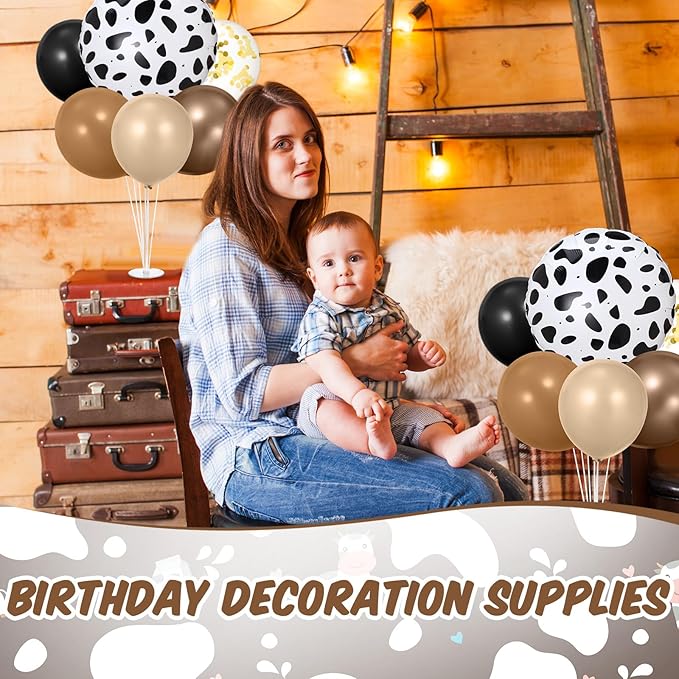 2 Sets Western Cowboy Party Decorations Table Centerpiece Brown Neutral Balloon Stand Kit with Large Cow Print Foil and Latex Balloon for Baby Shower Farm Animals Birthday Bachelor Supplies