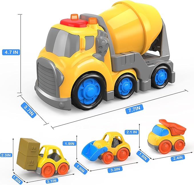 P&C 7.7" Toddlers Construction Cement Mixer Truck Toys for Ages 2-4, Mixer Truck Vehicle Car Set with Sounds and Lights for Kids 18M+, 2, 3, 4 Year Old, Ideal Birthday Christmas Gifts for Boys Girls