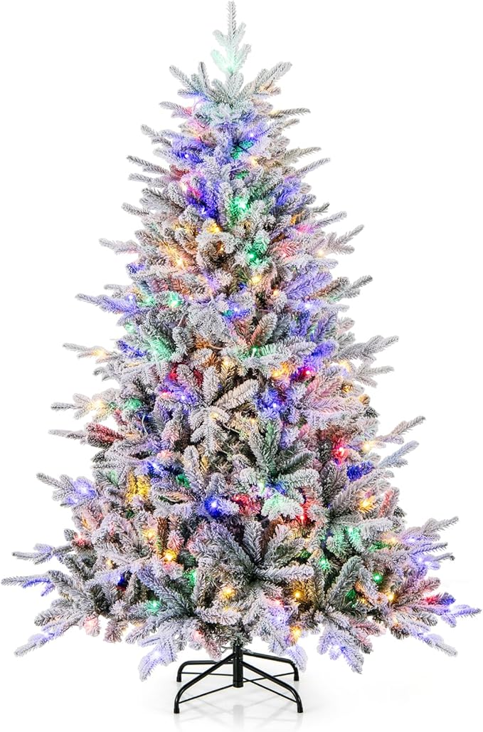 GOFLAME 6ft Pre-Lit Christmas Tree Snow Flocked, Hinged Artificial Xmas Tree with 820 Branch Tips, 260 Multi-Color LED Lights, 8 Lighting Modes, Holiday Decoration Tree for Home Office Party