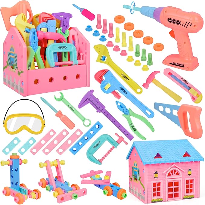Toddler Girl Toys STEM Toys for Kids Toy,Kids Tool Set with Play Drill and Tool Box,Pink House,Protective Goggles for 3 4 5 6 7 Years Old Toddlers Kid