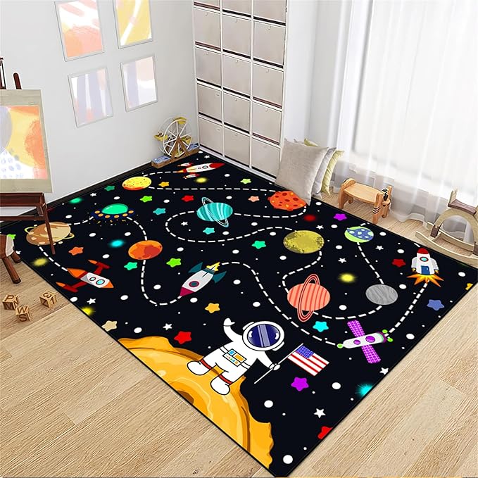 Outer Space Rug for Boys - Galaxy Carpet for Boys Room Cute Cartoon Universe Planet Area Rug Satellite Rockets Kids Baby Polyester Crystal Floor Mat Kids Play Carpet for Children Bedroom 47"L x 39"W