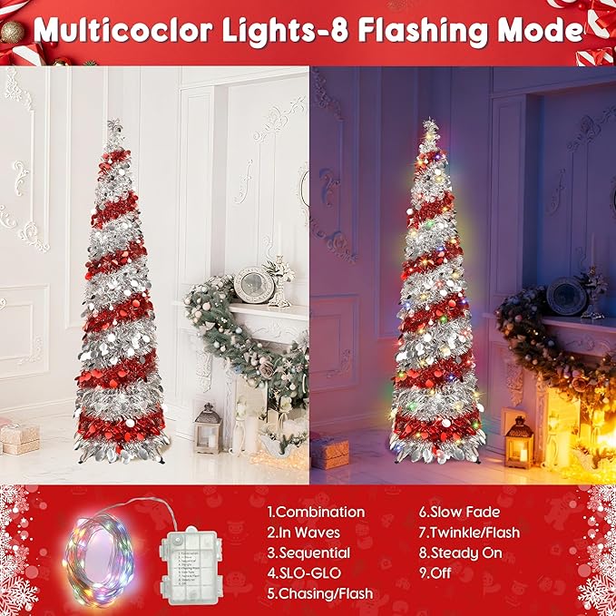 5FT Christmas Trees with 90 Lights, Collapsible Artificial Sequin Pop Up Christmas Tree, Tinsel Slim Pencil Christmas Tree for Home Holiday Fireplace Party Indoor Outdoor Xmas Decorations (Sliver&Red)