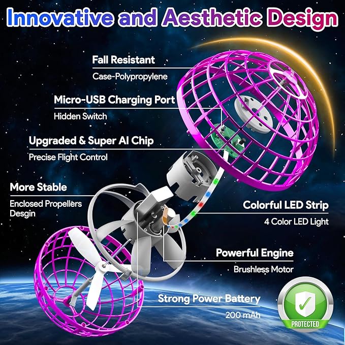 Flying Orb Ball 2024,Toys Soaring Hover Boomerang Spinner Hand Controlled Mini Drone Cosmic Globe Spinning Kids Adults Outdoor Fly Toy Birthday Gift Cool for Boys Girls 6 7 8 9 10+ Year Old (Purple)