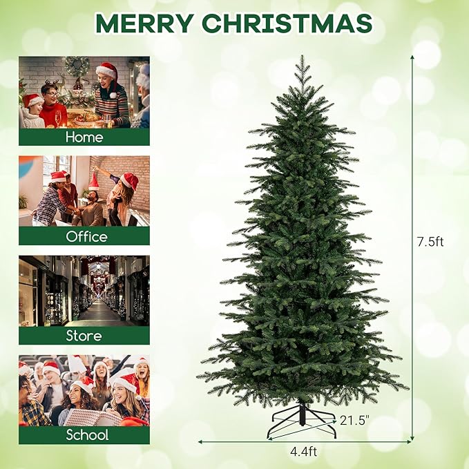 Goplus 7.5ft Pre-Lit Artificial Christmas Tree, Hinged Xmas Tree with 1162 PVC & PE Tips, 380 Multicolored & Warm White LED Lights, 11 Modes, Remote Control, Metal Stand, Home Office Decoration