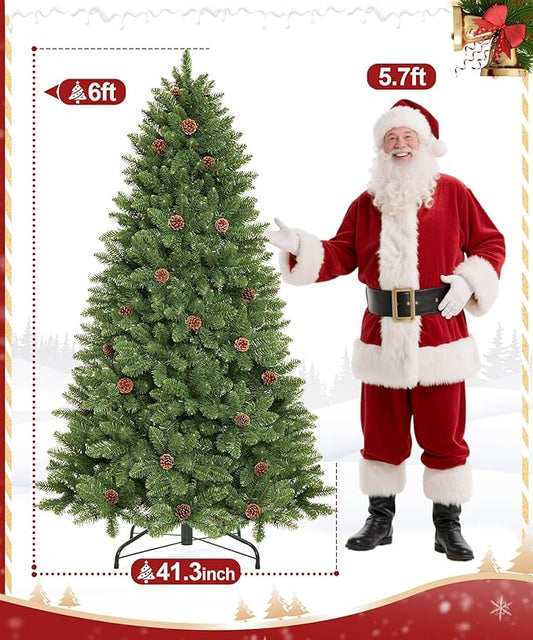 6FT Unlit Realistic Artificial Christmas Tree with Pinecones - Full PVC Xmas Tree for Indoor Holiday Decoration, Easy Assembly