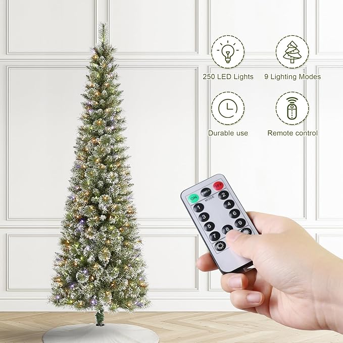 Glitzhome 7.5ft Prelit Christmas Tree, Artificial Christmas Tree, Hinged Pencil Christmas Trees Portland Cashmere Pine with 250 Warm White/Multi-Color Lights, 9 Function w/Remote Control