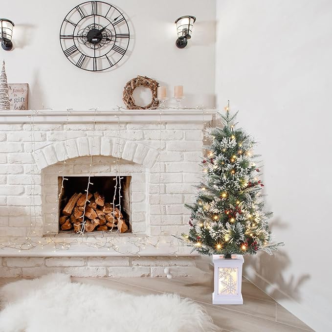 3FT Prelit Artificial Christmas Tree with Lights, 3 Foot Artificial Christmas Tree with Snowflake Base, 78 LED Prelit Christmas Tree, Battery Operated, Timer, Easy Assembly, Winter Holiday Decor