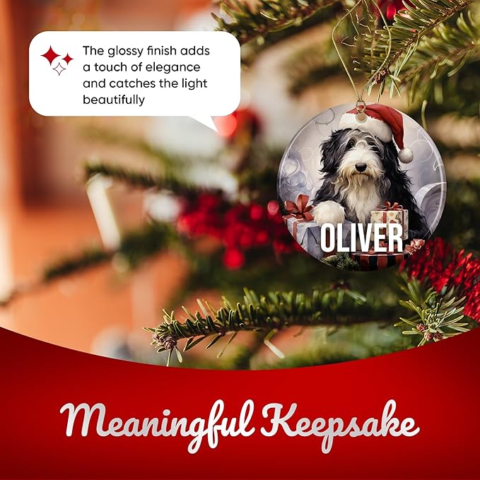 Old English Sheepdog Personalized Dog Ornament - 3" Round Ceramic - Christmas Tree Decor - Dog Mom/Dad Gift - DOG0150
