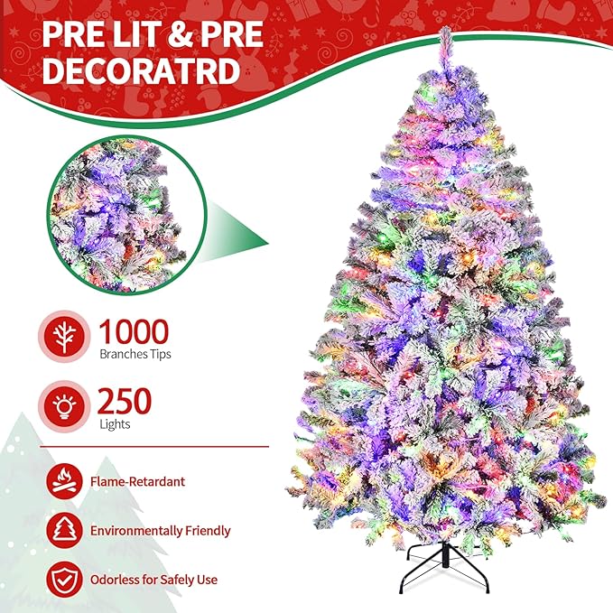 6ft Pre-Lit Snow Flocked Christmas Tree W/250 Multicolored LED Lights 11 Remote Modes, Artificial Xmas Tree W/Remote/Timer, 1000 PE & PVC Branch Tips, Holiday Décor,Home, Office,Foldable Metal Stand