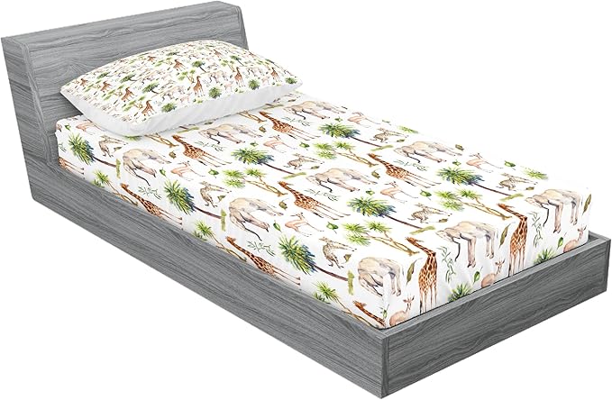 Ambesonne Watercolor Elephant Fitted Sheet & Pillow Sham Set, Wild Animals Giraffe Cheetah Antelope Savannah Palm Trees Tropic, Decorative Printed 2 Piece Bedding Decor Set, Twinxl, Green Pale Brown