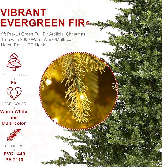 Glitzhome Artificial Christmas Tree, 9ft Vibrant Evergreen Fir Christmas Trees Prelit with 2000 Warm White/Multi-Color Horse Race LED Lights, 9 Function w/Foot Pedal and Remote Control,Easy Assembly