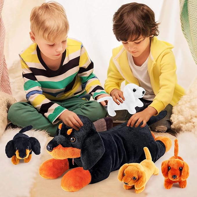 5 Pcs Dachshund Dog Plush Mommy Stuffed Animal with Baby Plush Sausage Dog Soft for Girls Birthday Xmas Bedtime Gift Bed Rest Chair Bolster Nursery Decoration(Lying Dachshund)