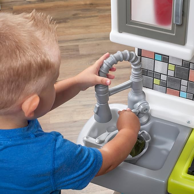 Step2 Contemporary Chef Kids Kitchen Playset, Indoor/Outdoor Kitchenette, Interactive Play with Lights and Sounds, Made of Durable Plastic, Includes 25 Piece Toy Accessories, For Toddlers 2+ Years Old