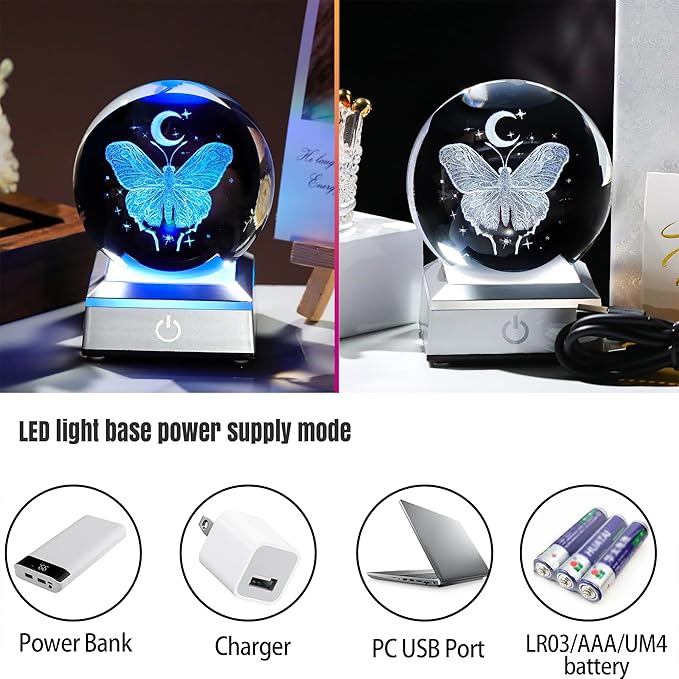 3D Crystal Butterfly Ball Gifts for Women, Gifts Ideas for Wife Mom Girlfriend Couple Her, Butterfly with Star Moon in Crystal Ball 3.15in with Colorful LED Light Base Home Office Decor