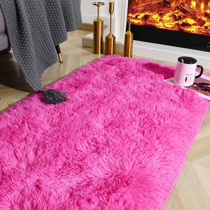 Ompaa Fluffy Runner Rugs, 2x4 Feet Hot Pink, Super Soft Shaggy Carpet Fuzzy Long Fur Rug for Bedroom Living Room Dorm, Plush Kids Playroom Baby Girls Nursery Decor Mats