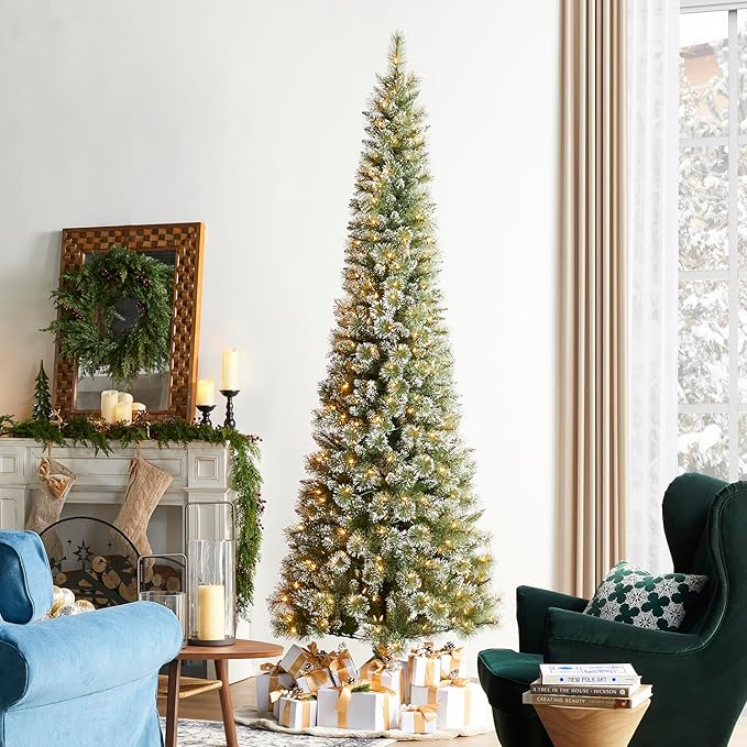 Glitzhome 9ft Prelit Christmas Tree, Artificial Christmas Trees, Portland Cashmere Pine Pencil Tree with 350 Warm White/Multi-Color C3 Clear LED Lights, 9 Function w/Remote Control, Easy Assembly