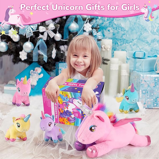 5 Pieces Unicorn Stuffed Animals - 1 Mommy Stuffed Unicorn with 4 Babies - Unicorns Gifts for Girls Ages 3-8, Unicorns Plush Toys for Christmas, Valentine's, Birthday Gifts (Pink & Purple)
