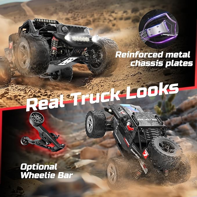 DEERC 1/10 Brushless RC Cars for Adults, 60 KMH 4x4 Off-Road RC Truck, Waterproof Remote Control Monster Truck, High Speed RC Car, All Terrain Remote Control Car for Boys, 2 * 3S Lipo Batteries