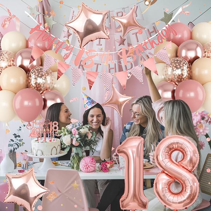 18th Birthday Decorations for Girls, Retro Pink Nude Number 18 Balloon Set Happy 18th Birthday Banner Cake Topper Dusty Pink Beige Rosegold Star Balloons for Boho 18 Year Old Bday Party Decor