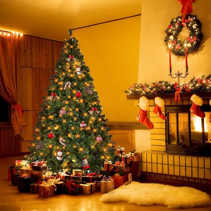 7.5ft Artificial Christmas Tree w/400 Warm Lights Lights &8 Different Light Holiday Xmas Tree, Premium Hinged Spruce Xmas Tree w/1405 Branch Tips and Foldable Metal Stand for Home, Office, Party