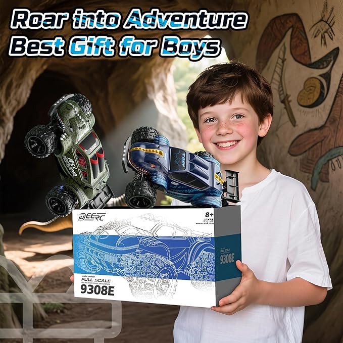 DEERC 9308E 1:16 Fast RC Cars for Boys Age 8-12 RC Monster Truck 40 KPH,All Terrain 4WD High Speed Dinosaur Truck 2 Car Shell,2.4Ghz Off-Road Remote Control Cars with 2 Batteries, Toy Gift for Kids