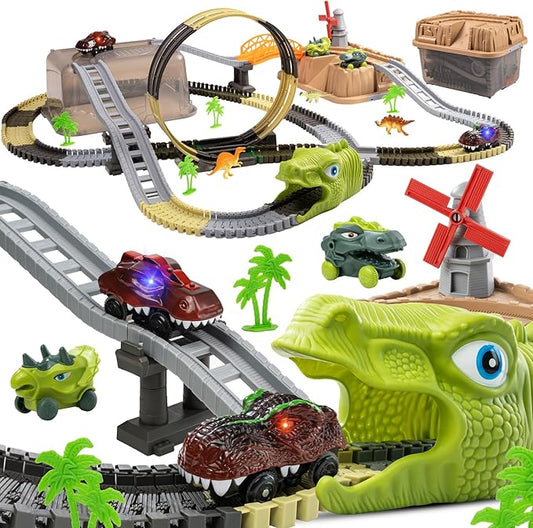 TUMAMA Dinosaur Toys Race Track, 255 PCS Create A Dinosaur World Road Race Tracks, Flexible Train Tracks with 3 Dinosaurs Figures, 4pcs Dinosaur Car for 3 4 5 6 Year Old Boys Girls Birthday Party Gift